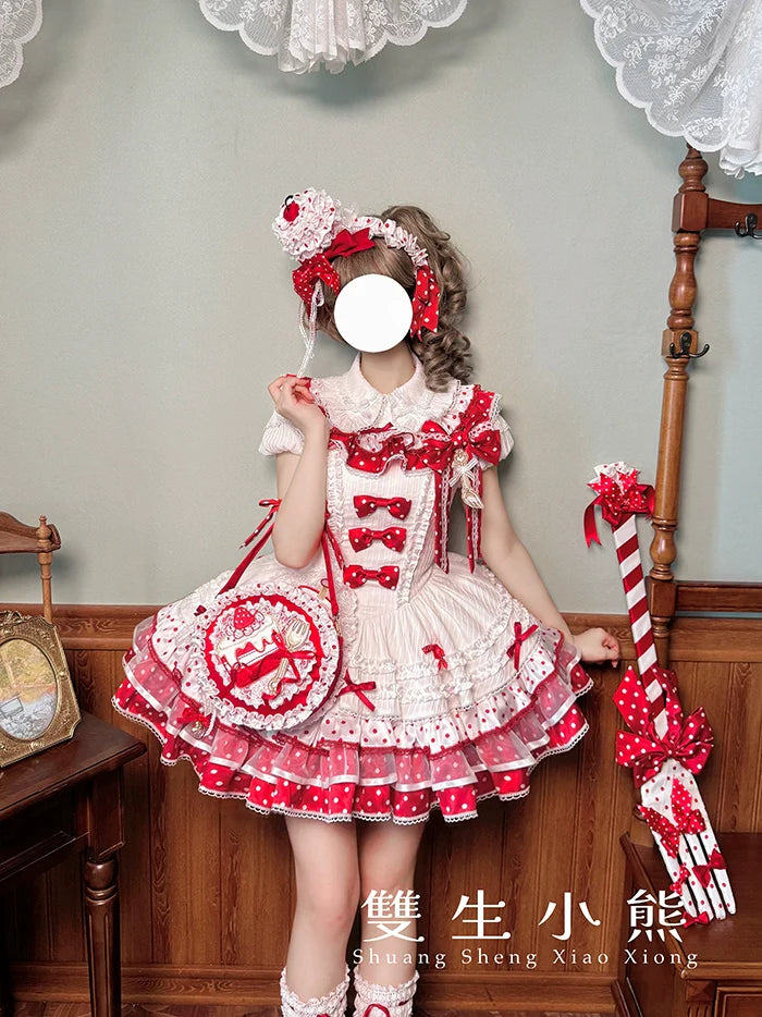 Shuang Sheng Xiao Xiong - Bite The Cake - Sweet Lolita Dress, Red & White Polka Dots