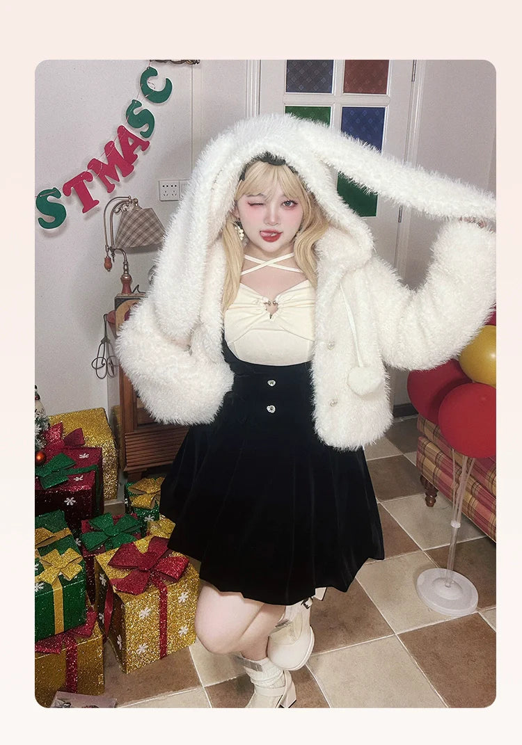 Yingtang - Plus Size Lolita Christmas Plush Coat Dress Set