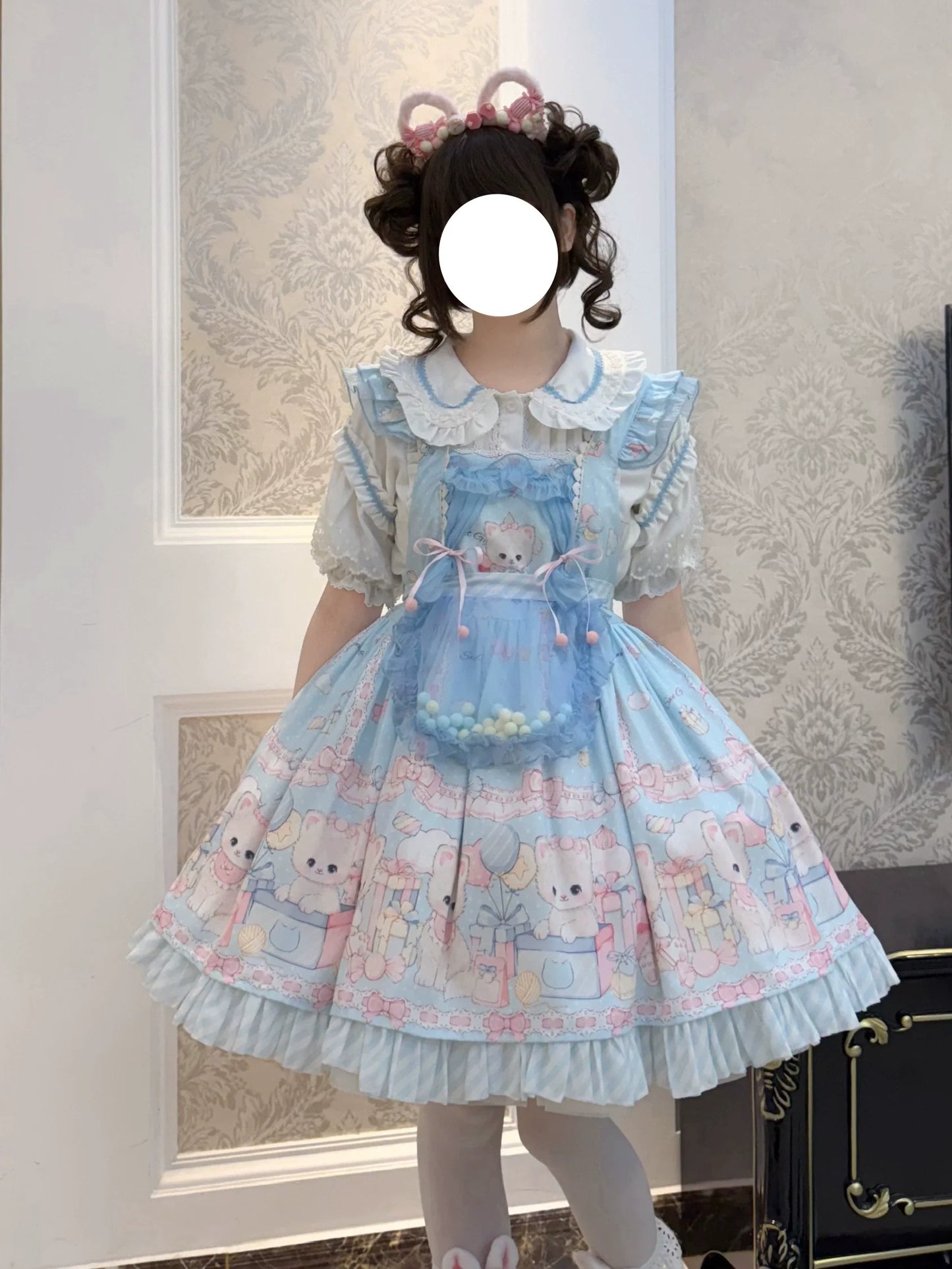 Suiyi - Meow Pompom - Sweet Lolita Salopette Dress Suit, Cat Print