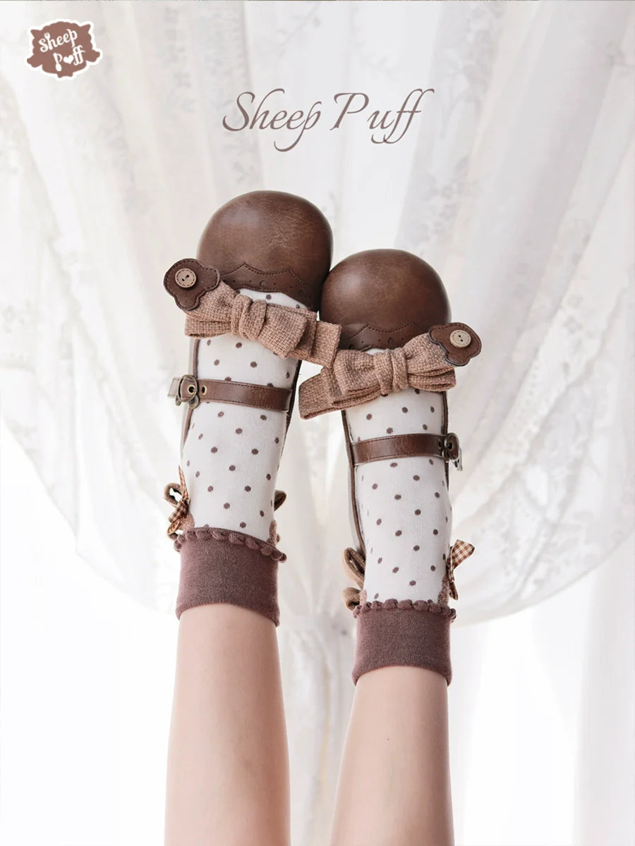 Sheep Puff - Bear Room - Sweet Lolita Shoes Double Bow Round Toe Flat Shoes