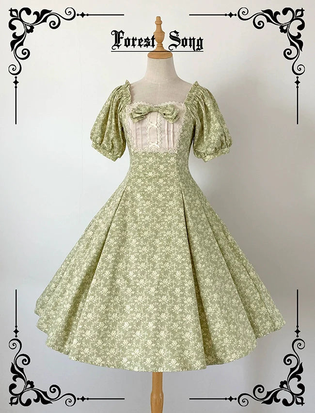 Forest Song - Pastoral Poem - Elegant Lolita OP Dress Floral Print 6-Piece Cut Lolita Dress