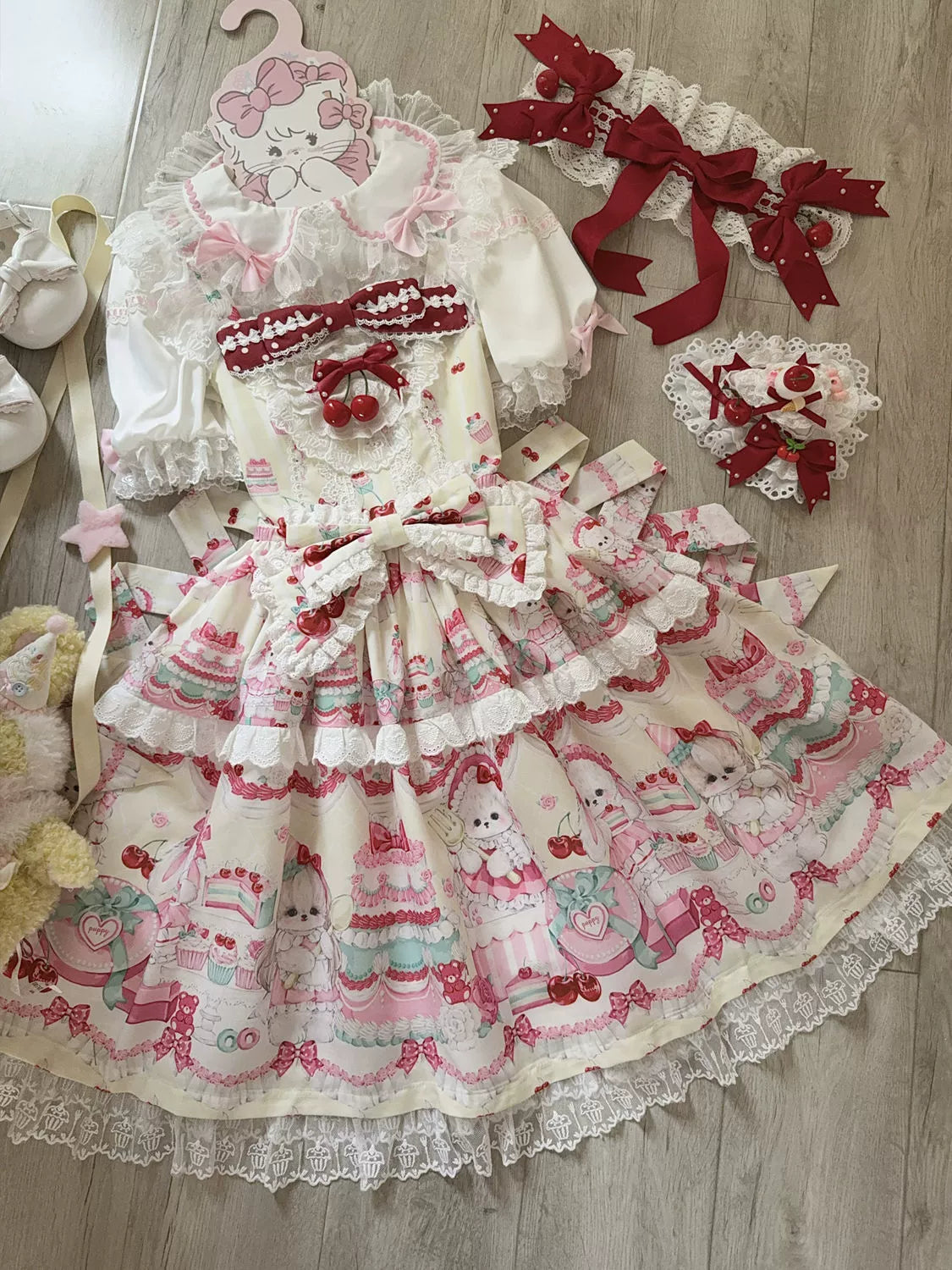 Hanguliang - Cherry Bake Song - Kawaii Lolita JSK Dress With Dessert Print & Cherry Bow