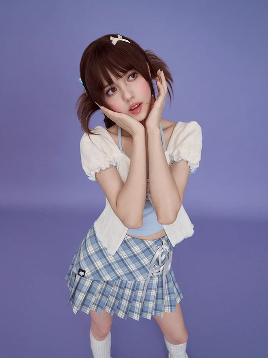 Fake two-piece puff sleeve top【s0000008924】