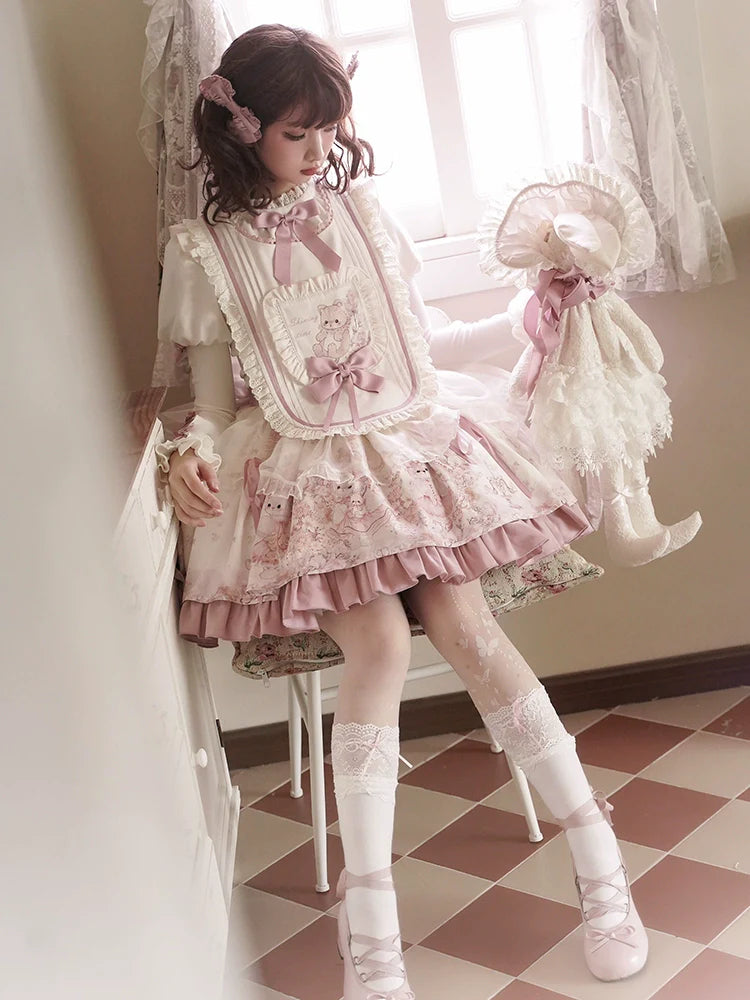 Half Sweet Lolita - Doll Garden - Sweet Lolita JSK Dress Cat Print Pink Dress Set