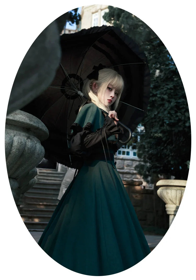 With PUJI - College of Potions - Elegantt Lolita OP Dress Black and Green Dress with Cape