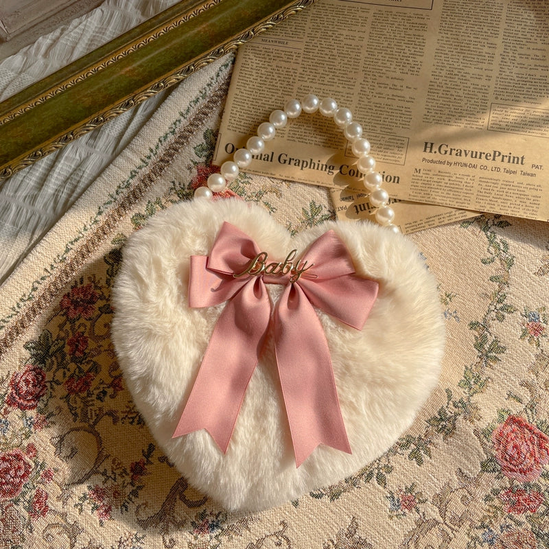 MAID - Kawaii Lolita Heart Bag Plush Pearl Chain Handbag