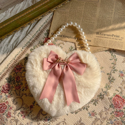 MAID - Kawaii Lolita Heart Bag Plush Pearl Chain Handbag
