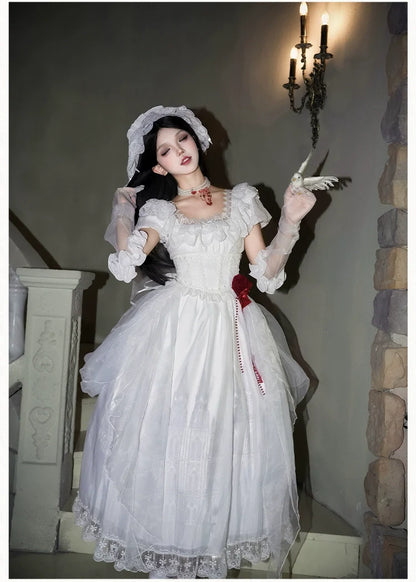 With PUJI - Dawn's Last Light - Castle Printed White Gothic Lolita OP, Two Length Styles