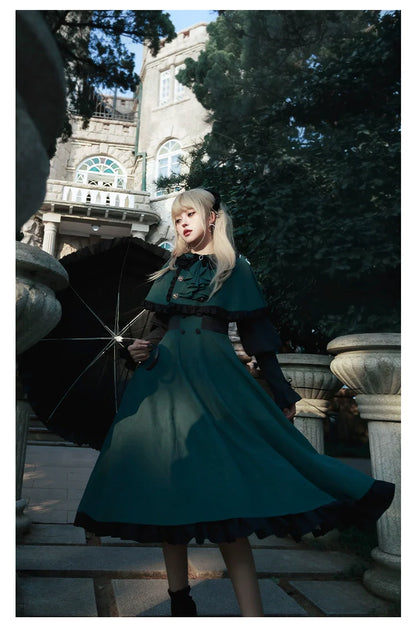 With PUJI - College of Potions - Elegantt Lolita OP Dress Black and Green Dress with Cape