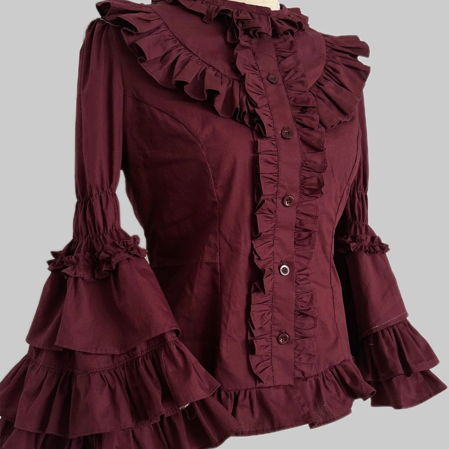 TaTaTa Lolita - Burgundy Rose - Old School Lolita Hime Sleeve Blouse, Ruffle Detail
