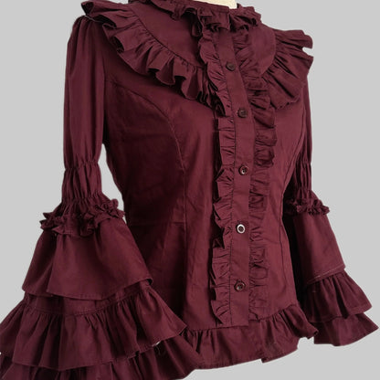 TaTaTa Lolita - Burgundy Rose - Old School Lolita Hime Sleeve Blouse, Ruffle Detail