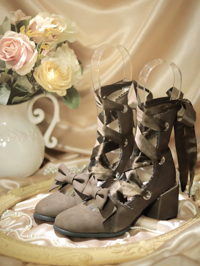 MR.Qiutian - Muse Kiss - Elegant Lolita Shoes Lace-up Bow Heels Round Toe