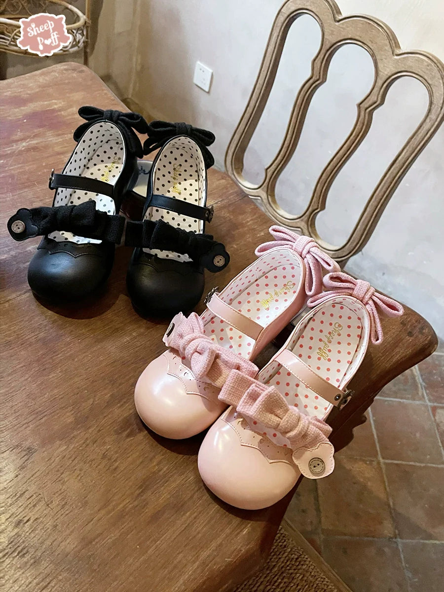 Sheep Puff - Bear Room - Sweet Lolita Shoes Double Bow Round Toe Flat Shoes