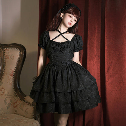 Eieyomi - Thorn Rose - Gothic Lolita Three-layer Ruffle Black OP