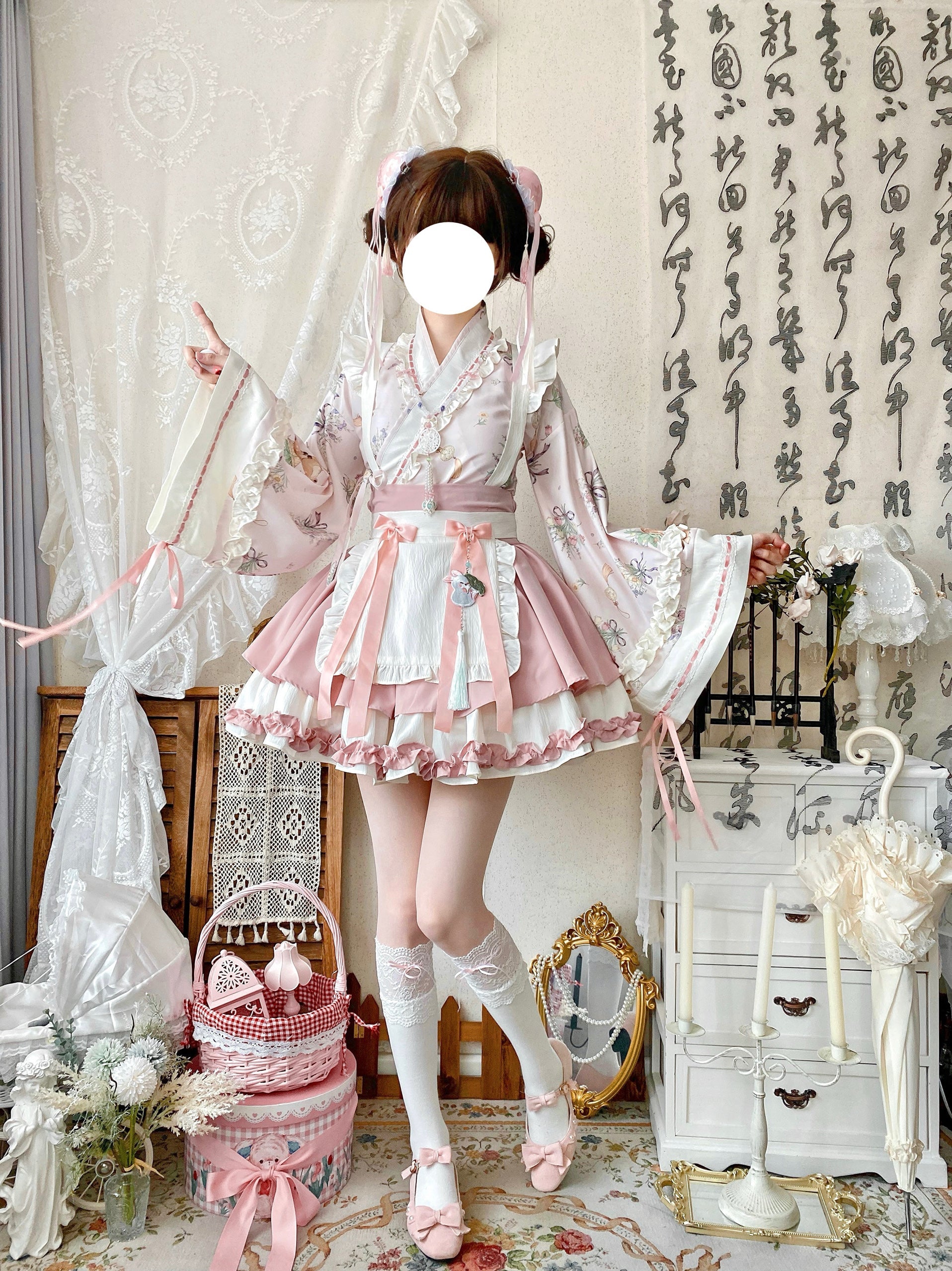 Qianmu - Little Herbalist - Han Lolita Skirt Outfit with Cross-collar Blouse and Apron