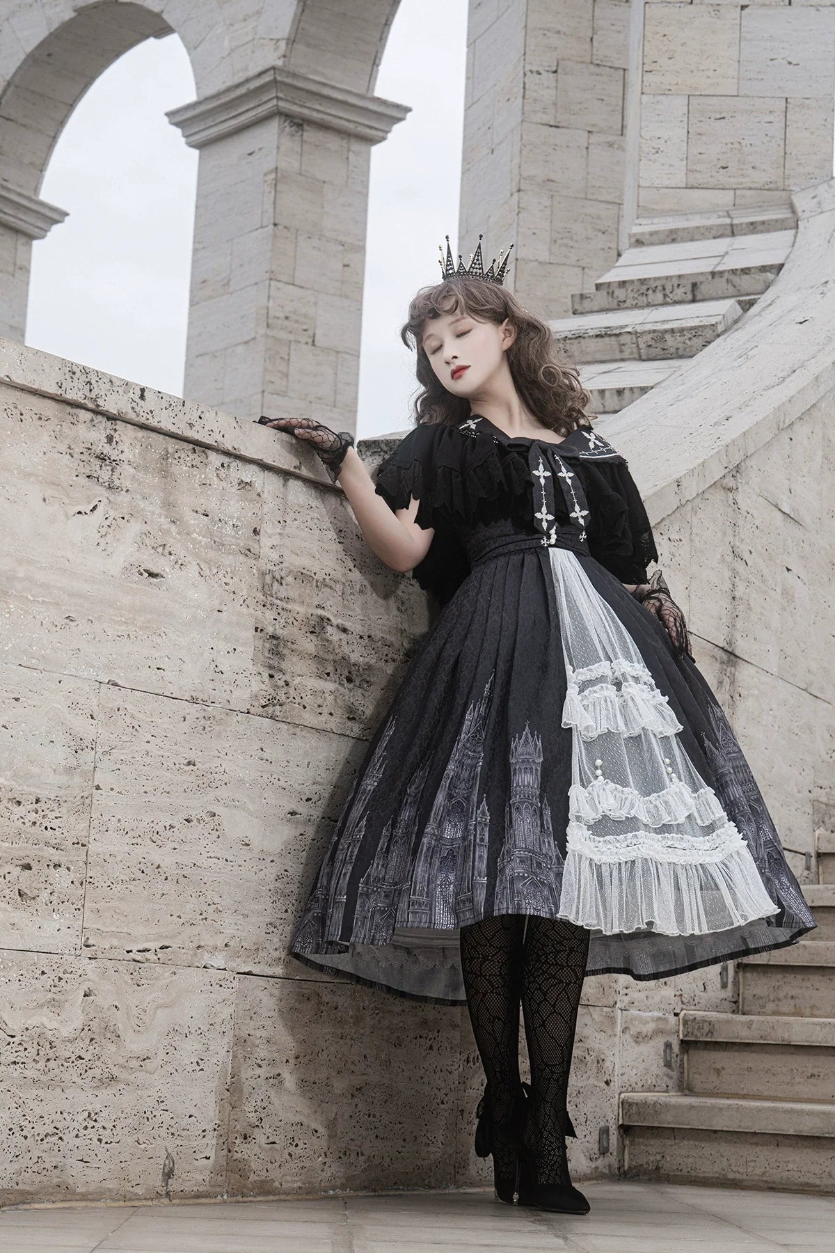 Cornfield Lolita - Silent Church - Gothic Lolita JSK Front Open Printed Dress and Thin Cardigan Set