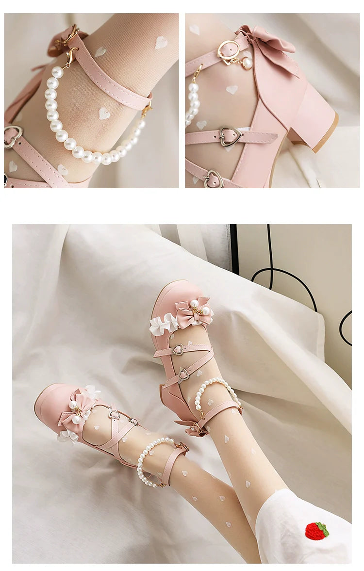 Yana - Round Toe Sweet Lolita Shoes, Detachable Pearl Chain
