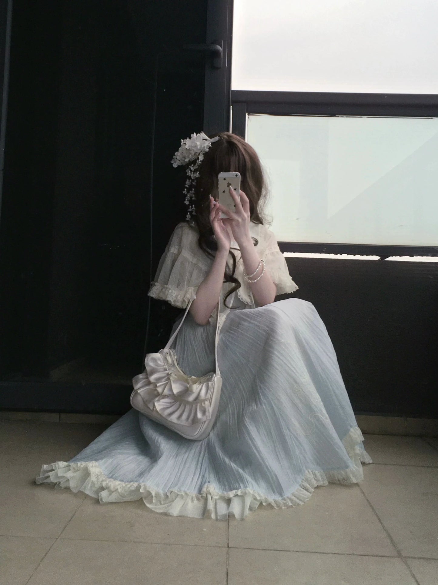 Kuma - Little Wind Chime - Elegant Lolita OP Water Blue Dress With Decorative Tulle Cape