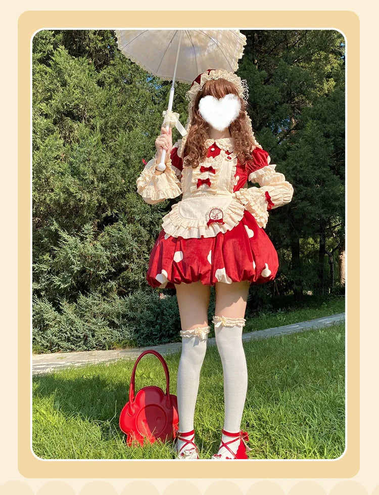 Sakurahime - Mushroom - Kawaii Lolita OP Dress with Apron and Detachable Sleeves