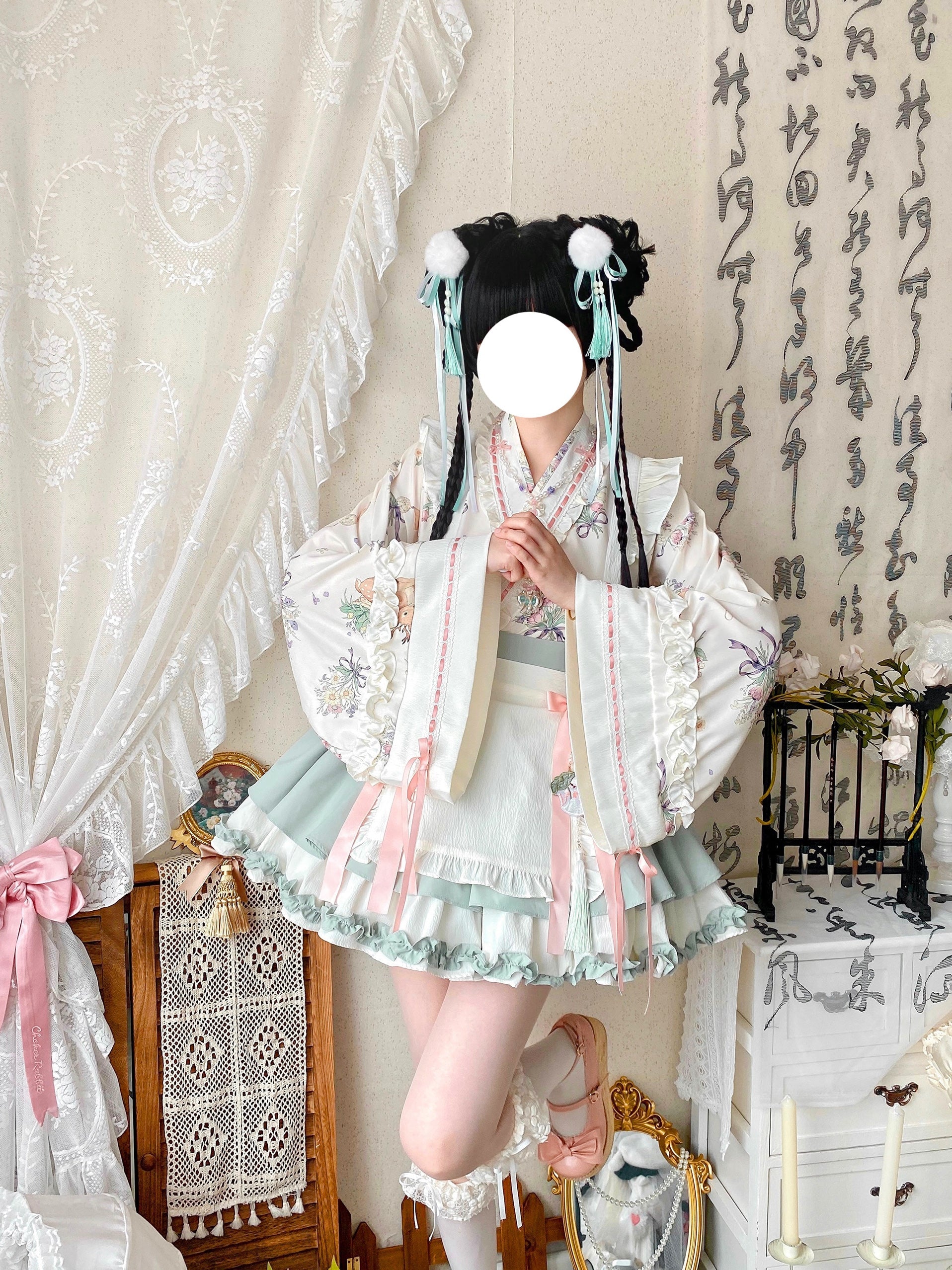 Qianmu - Little Herbalist - Han Lolita Skirt Outfit with Cross-collar Blouse and Apron