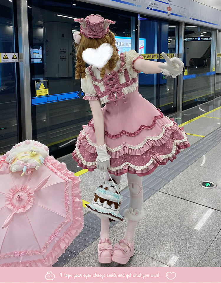 Sakurahime - Bunny Breeze - Pink Sweet Lolita OP Dress with Cute Hat and Bunny Ears