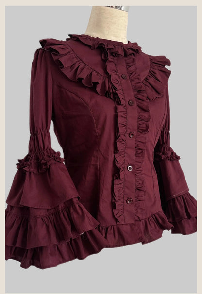 TaTaTa Lolita - Burgundy Rose - Old School Lolita Hime Sleeve Blouse, Ruffle Detail