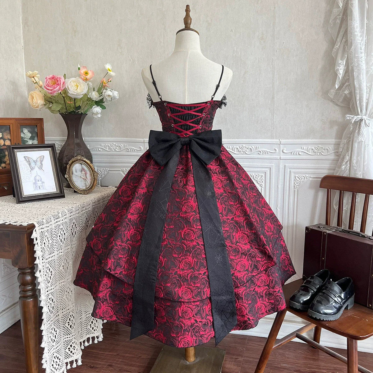 Cornfield Lolita - Rose Blood - Black Red Gothic Lolita JSK Jacquard Court Dress
