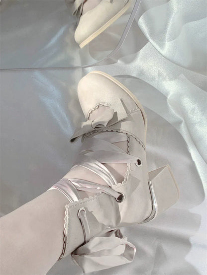 MR.Qiutian - Muse Kiss - Elegant Lolita Shoes Lace-up Bow Heels Round Toe