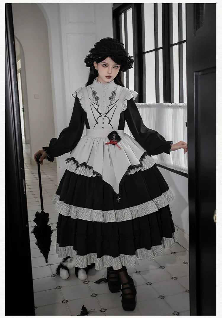 With PUJI - Castle Night - Gothic Twins Lolita OP Three-tiered Embroidery Dress