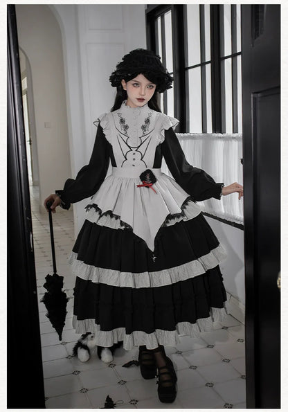 With PUJI - Castle Night - Gothic Twins Lolita OP Three-tiered Embroidery Dress