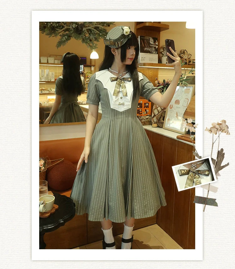 Forest Fluorescent Carps - The Rain of London - Elegant Lolita OP Dress, Bat Wing-Shaped Neckline