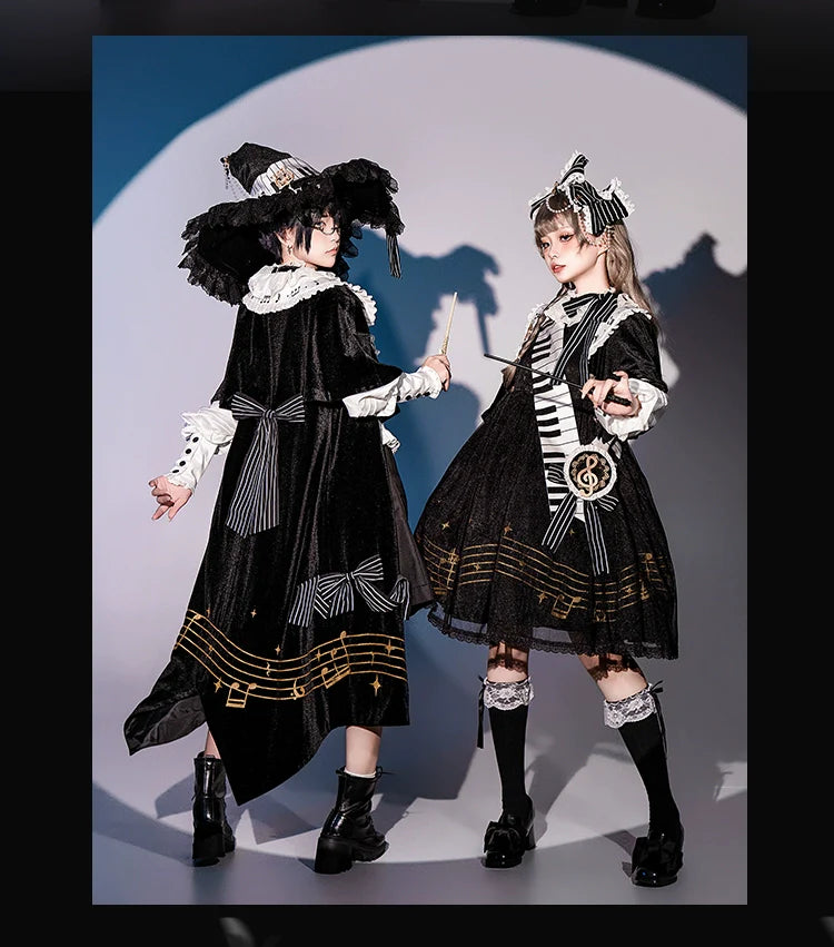 Forest Fluorescent Carps - Black and White Sonata - Ouji Lolita Vest Suit and Vintage Lolita OP Dress