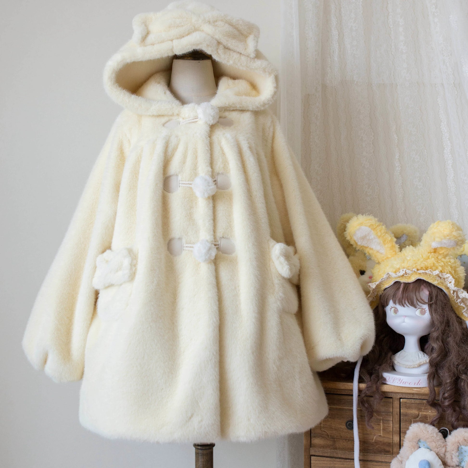 MIST - Cream Cheese - Winter Kawaii Lolita Overcoat Thickened Hooded Loose Outwear
