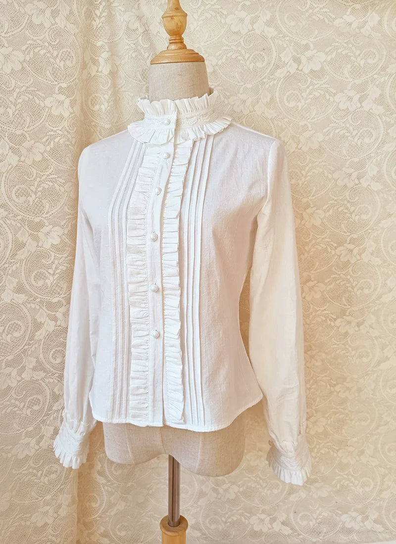 Youlan Lane - Winter Cotton Lolita Blouse White Long Sleeve Stand Collar Shirt