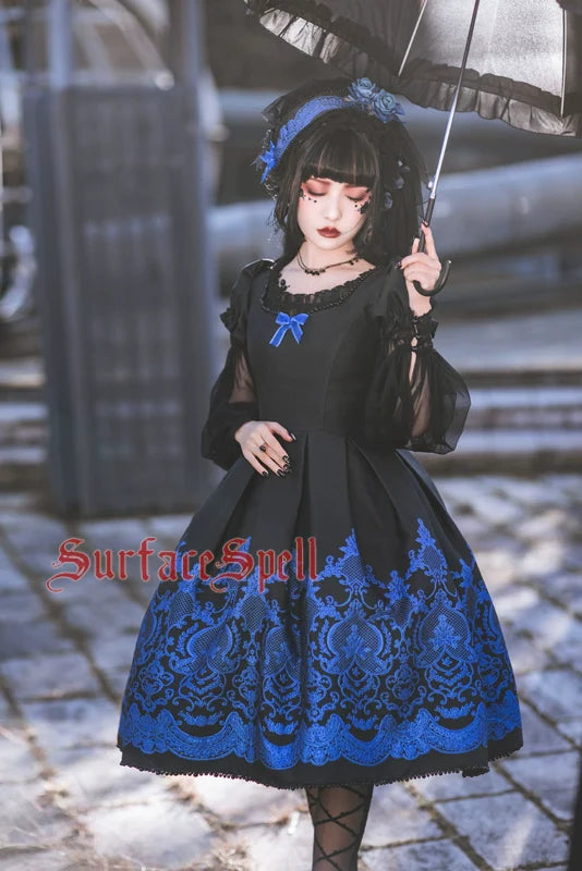 Surface Spell - Nocturne - Custom Gothic Lolita Dress Brocade Puff Sleeve Dress