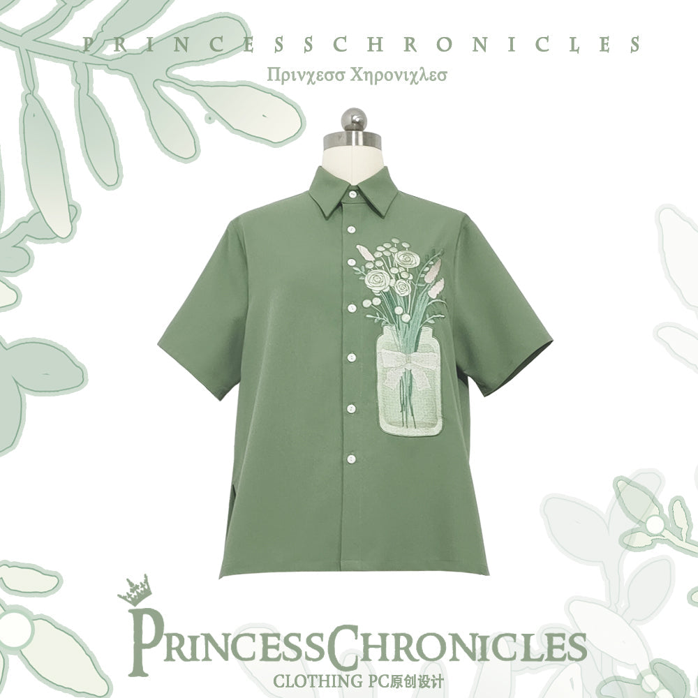 Princess Chronicles - Limited Flowering Time - Retro Green Flower Embroidery Shirt