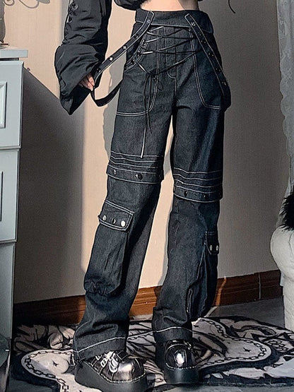 Lace-up style suspender jeans