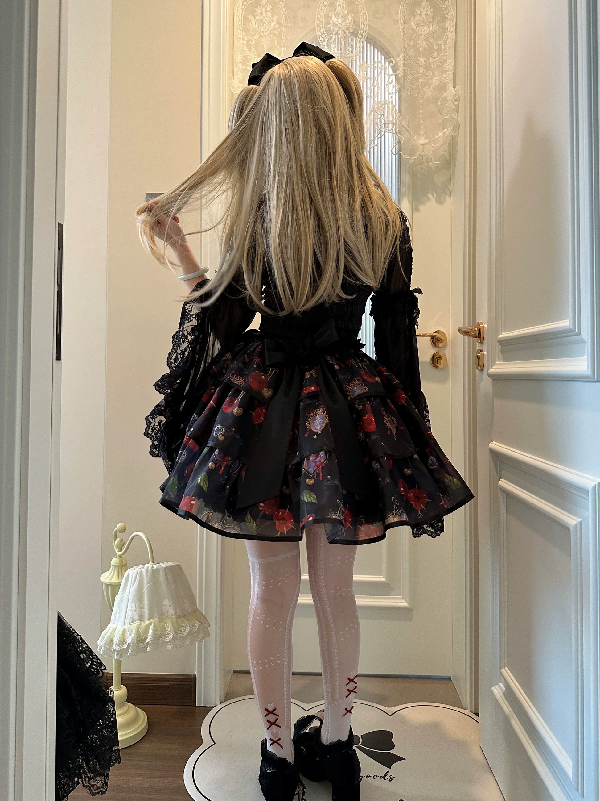 Gloaming - Sweet Lolita Cherry print Short Sleeve OP and SK Set