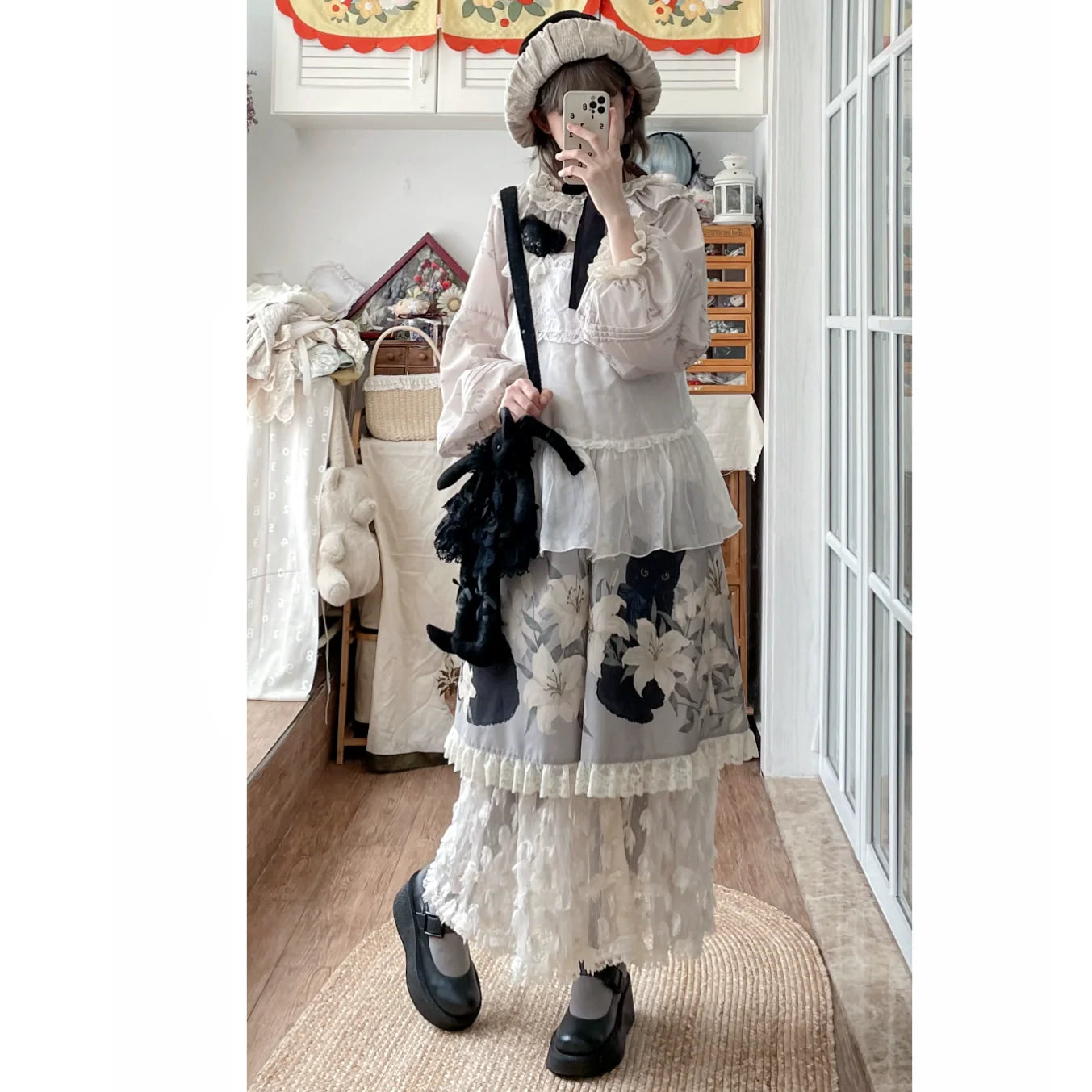 Akiyama Future Studio - Black Cat and Lily - Loose Kawaii Lolita OP Dress with Vest and Hat
