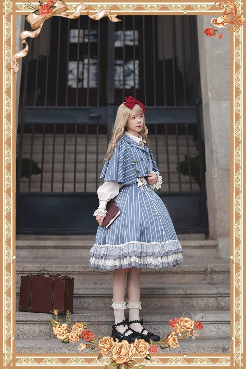 Infanta - Elegant Lolita Stripe High-waist Jumper Dress Set and Cape