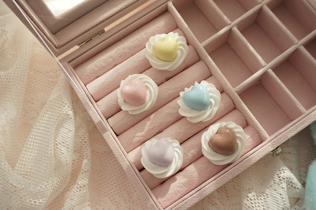 Cat Tea Party - Cute Lolita Ring Handmade Clay Cream Heart Shape Adjustable Ring