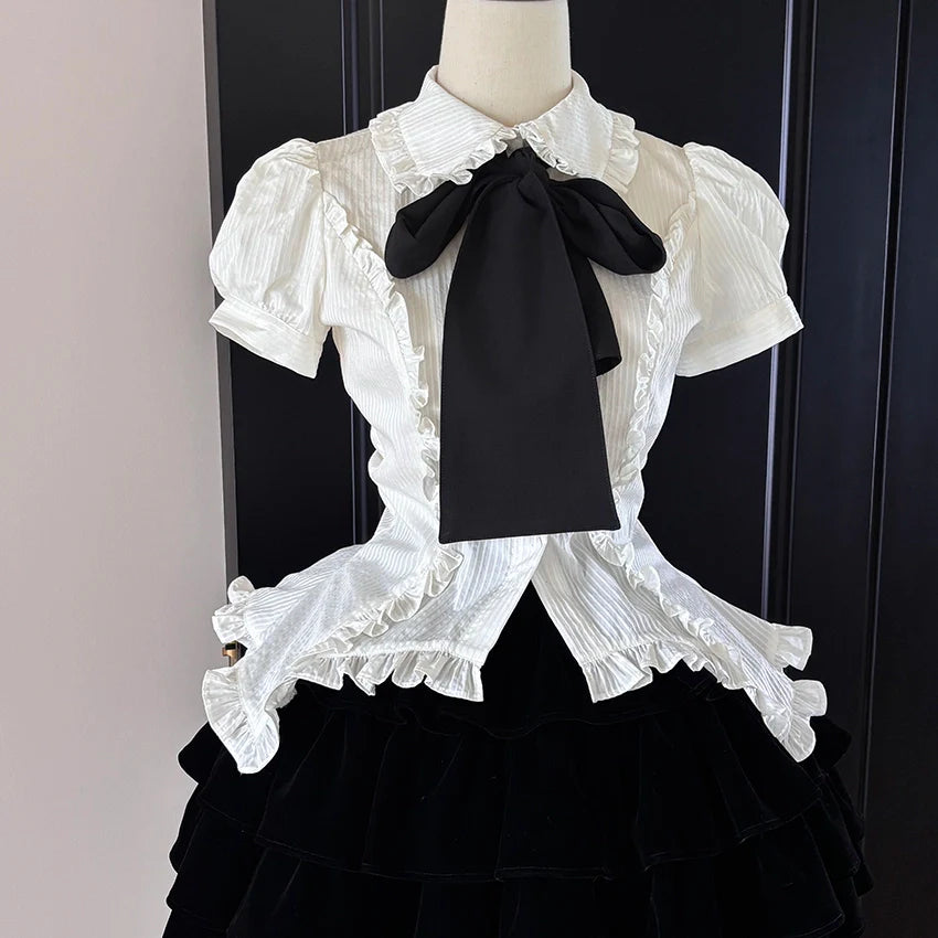 FlowerFairyDaily - Lilith - Gothic Lolita Short Sleeve Shirt, Detachable Tie