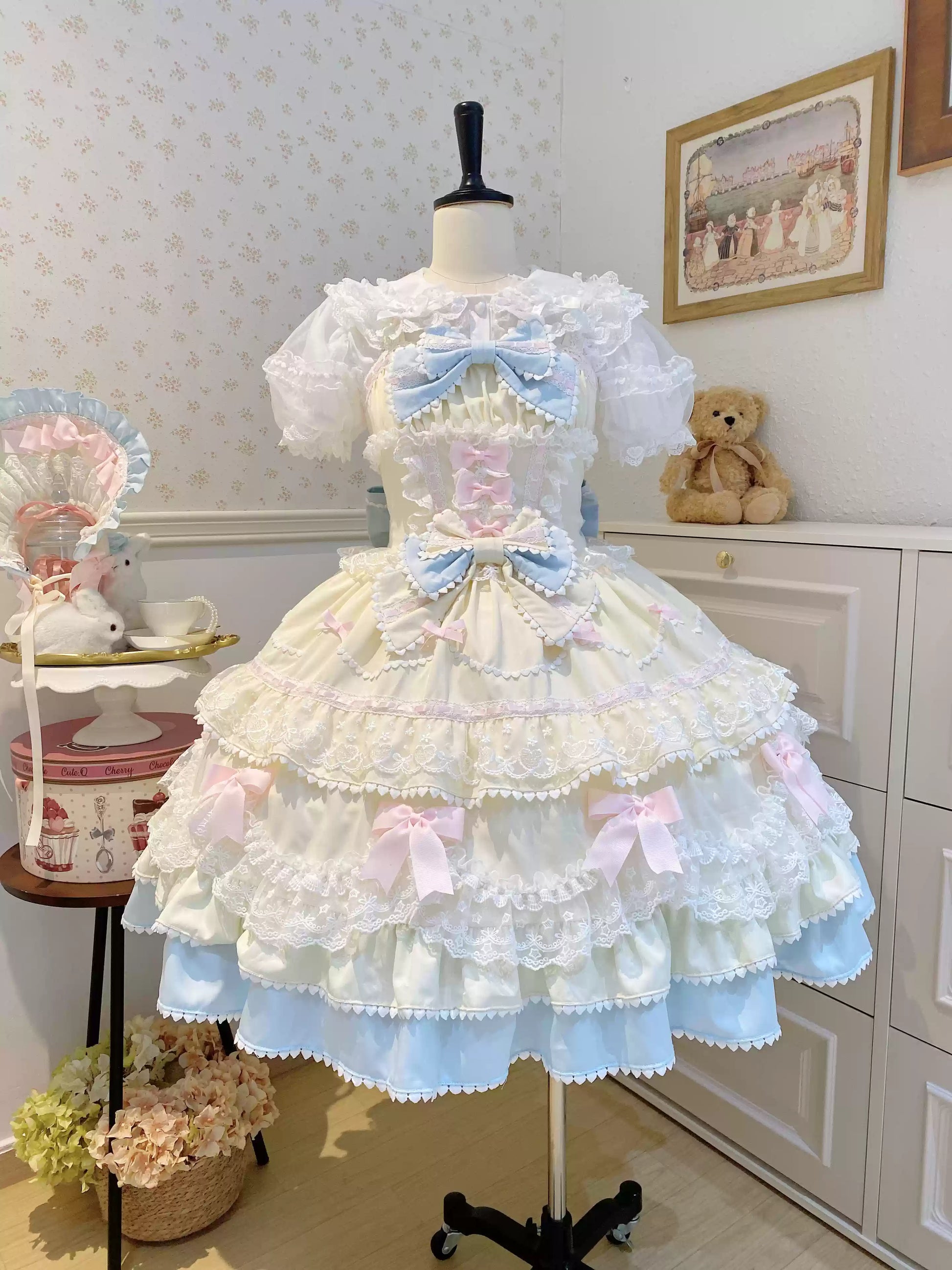 Sugar Girl - Fondant Cake - Summer Sweet Lolita JSK Dress, Tiered Ruffles and Bows
