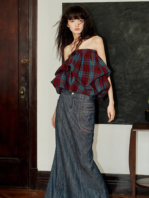 Plaid 2Way Design Short Bud Skirt & Bare Top