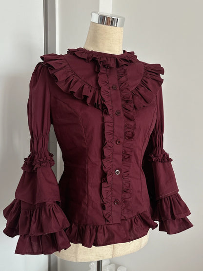 TaTaTa Lolita - Burgundy Rose - Old School Lolita Hime Sleeve Blouse, Ruffle Detail