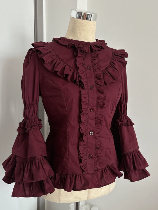 TaTaTa Lolita - Burgundy Rose - Old School Lolita Hime Sleeve Blouse, Ruffle Detail