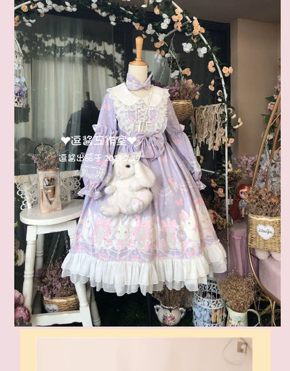 Doujiang - Kawaii Lolita OP Rabbit Print Pink Purple Lace Princess Dress