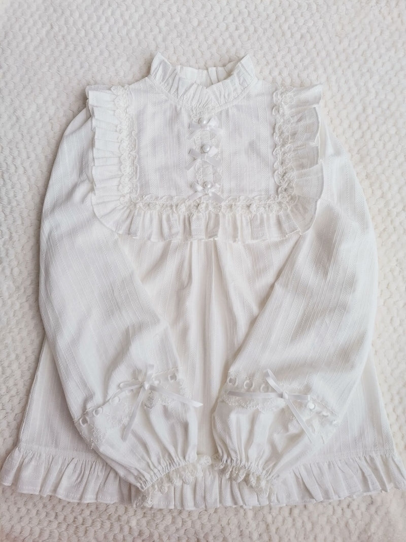 Yilia - Cotton Lolita Lace Long Sleeve White Blouse