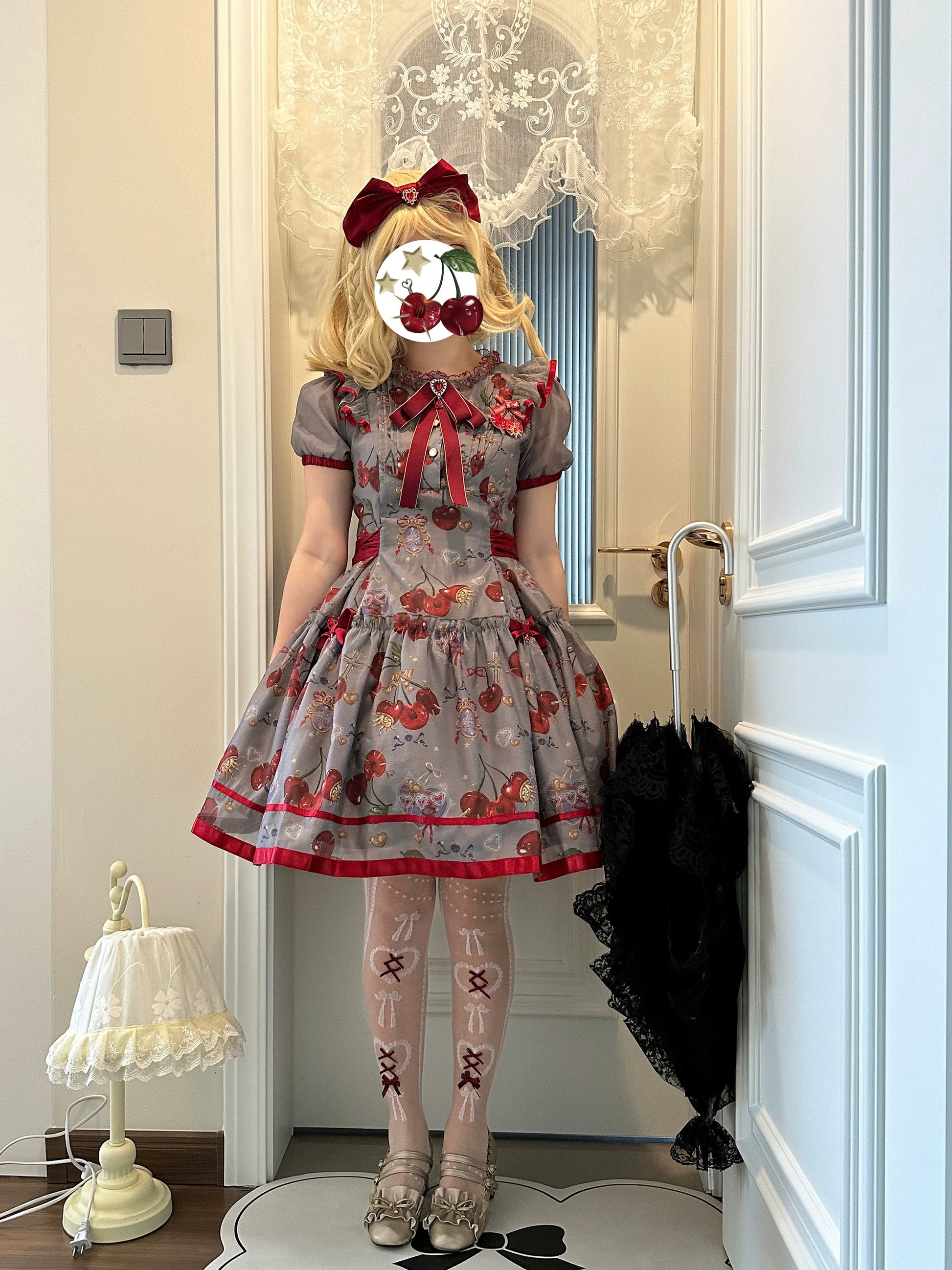 Gloaming - Sweet Lolita Cherry print Short Sleeve OP and SK Set