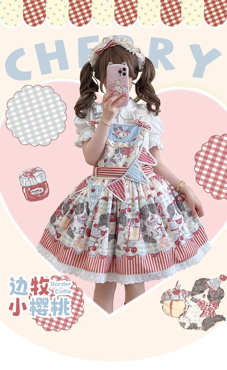 Akiyama Future Studio - Border Collie Cherry - Kawaii Lolita Salopette Cherry Print Dress